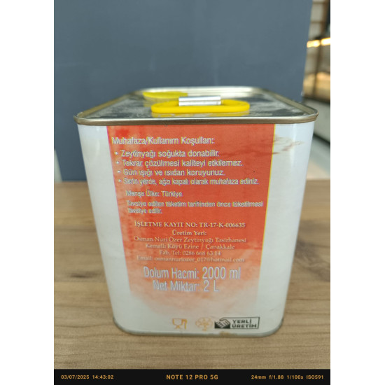 Naturel Sızma Soğuk Sıkım Taş Baskı Zeytin Yağı 2 LT Teneke